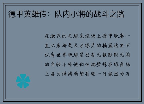 德甲英雄传：队内小将的战斗之路